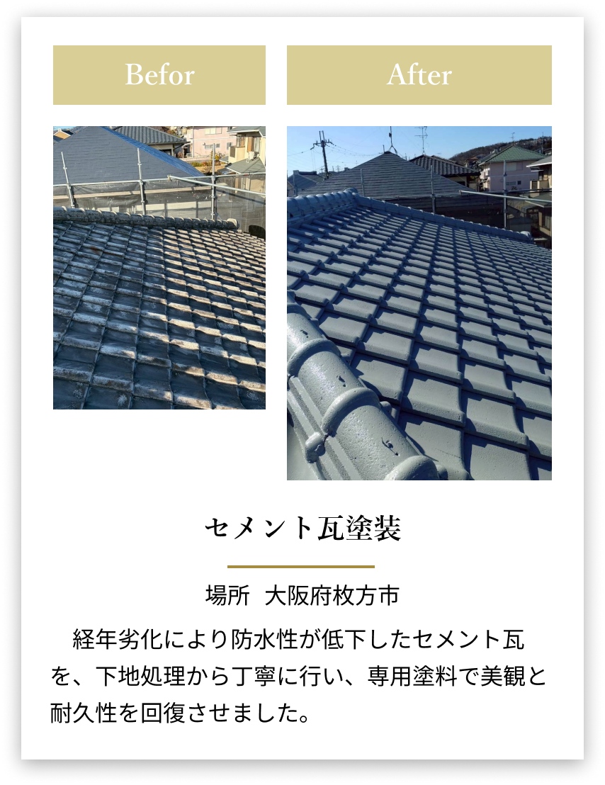 大阪府枚方市のセメント瓦屋根塗装の施工のビフォーアフター