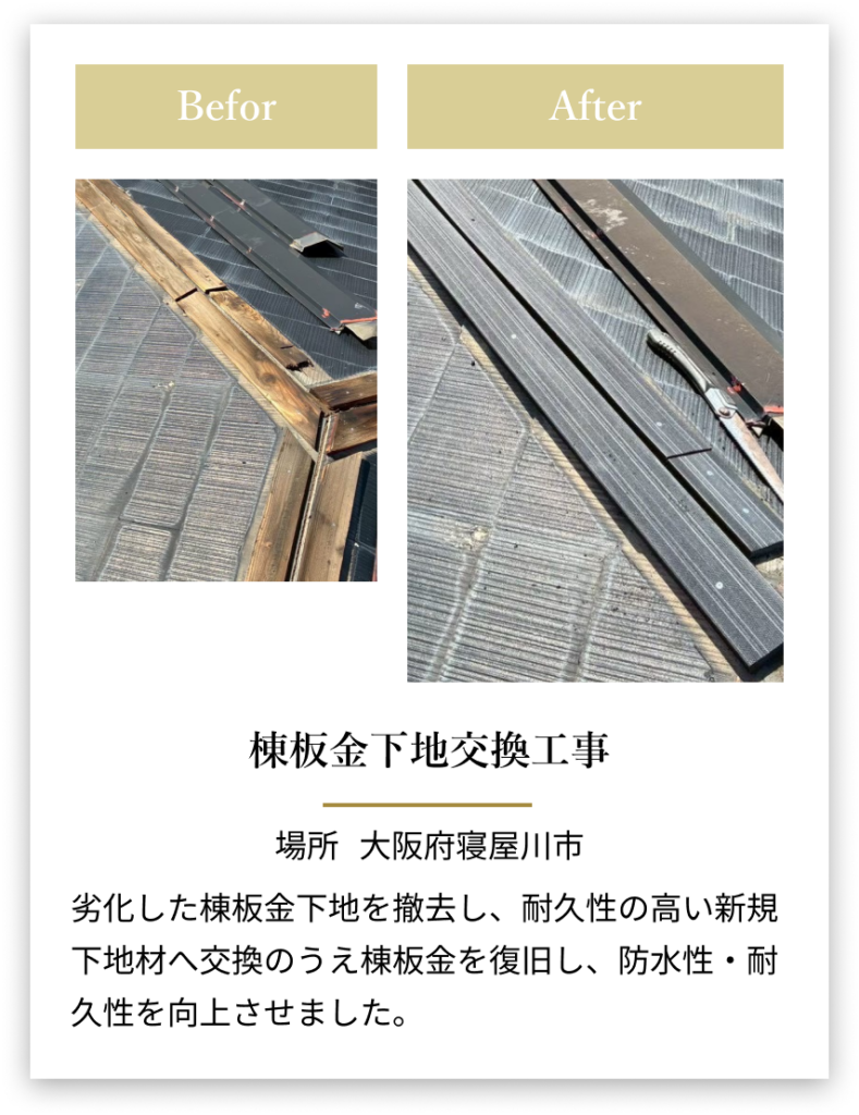 大阪府寝屋川市の棟板金下地交換工事のビフォーアフター